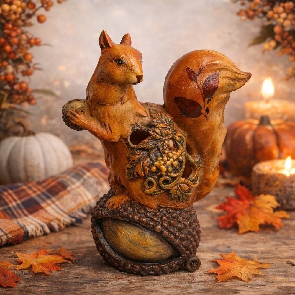 Resin Squirrel Figurine Acorn Base Oak Leaf Wreath Woodland Fall Decor 7